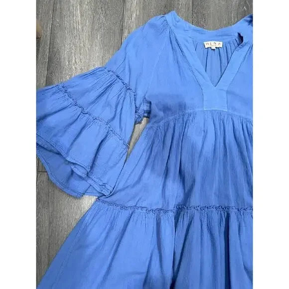 Nema Light blue flare beach 3/4 sleeve mini ruffle dress Small A004371 - Picture 4 of 11